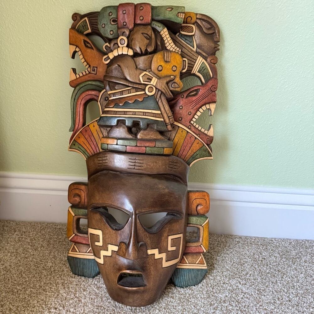 Handcrafted Wooden Mask Wall Hanging Art Ixchel Mayan Mexican Aztec Sculpture - Picture 2 of 12
